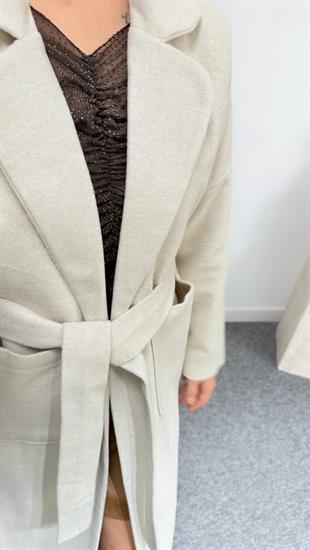 Bej Liche Kuşaklı Kaşe Kaban