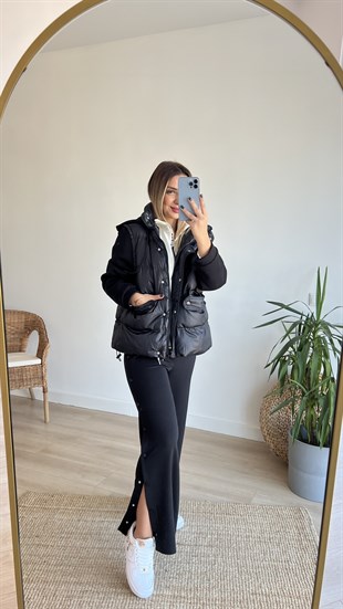 Kolları Penye Detaylı Siyah Şişme Mont