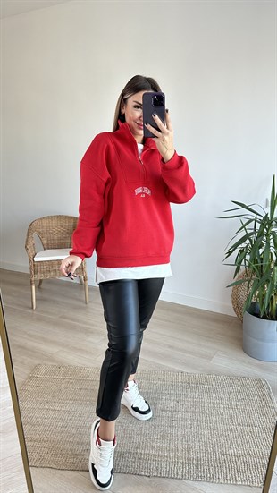 Yarım Fermuar Nakış Yazılı Kırmızı Sweat