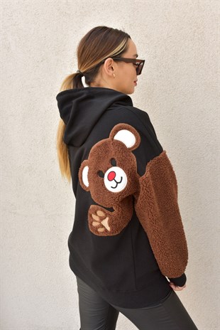 Peluş Ayıcık Detaylı Siyah Sweat