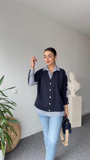 Lacivert Poplin Gömlek Detaylı Sweat Hırka