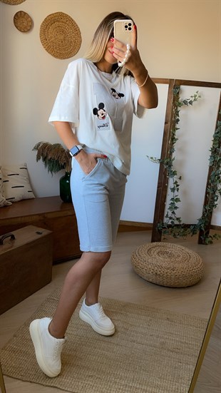 Mickey İşlemeli Gri Şortlu Takım