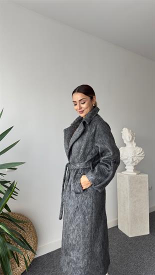 Lovi Kollar Düğme Detaylı Astarlı Gri Kaşe Kaban