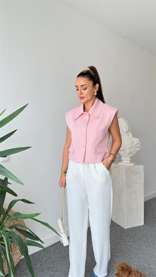Pembe Gold Düğmeli Dikiş Detaylı Yelek