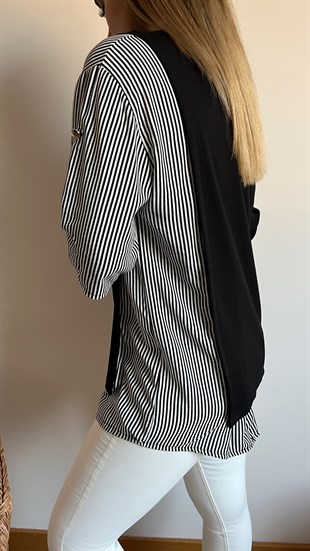 Asimetrik Kesim Garnili Siyah Bluz