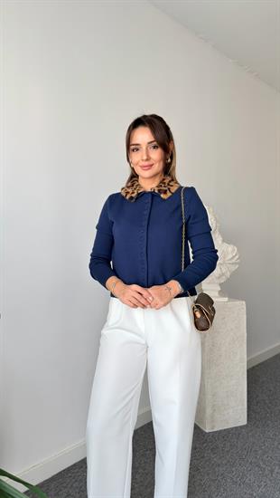 Mylau Çıkartılabilir Leopar Yaka Triko Hırka