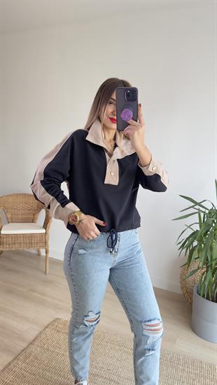 Sırtı Poplin Düğmeli Sweatshirt