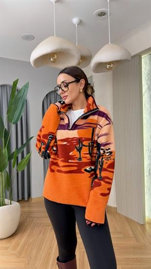 Kaktüs Desenli Turuncu Polar Sweat