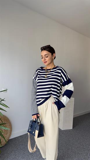 Laci Beyaz Basic Çizgili Triko