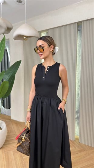 Mores Bel Büzgülü Düğmeli Kolsuz Siyah Basic Elbise 