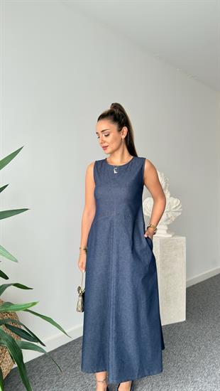 Hole Likralı Kolsuz Jean Elbise 