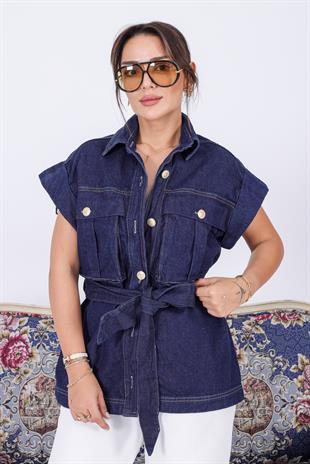 Nesha Gold Düğmeli Kuşaklı Jean Yelek