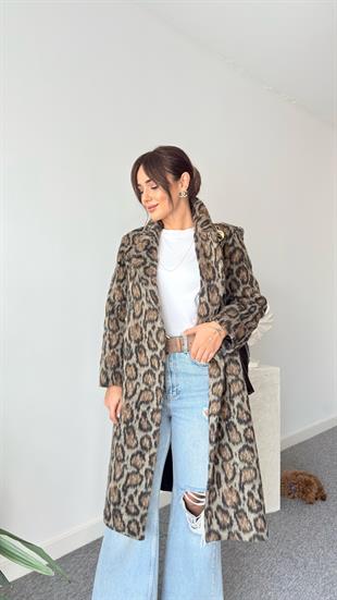 Rolen Leopar Desenli Kaşe Kaban