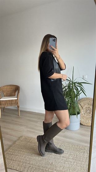 Deri Detaylı Siyah Tunik Elbise 