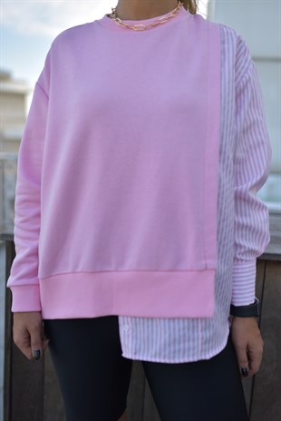 Gömlek Detaylı Pembe Sweatshirt