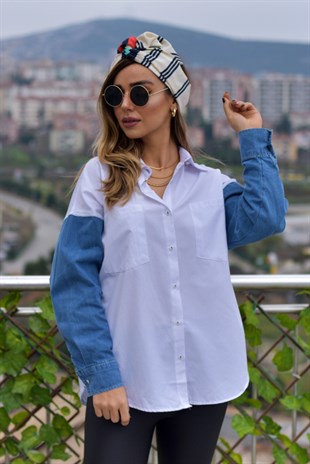 Kolları Kot Detaylı Beyaz Gömlek