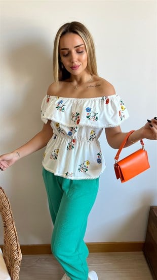 Yakası Lastikli Çiçekli Poplin Bluz