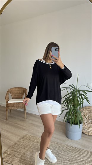 Siyah Şeritli Atlet Detaylı İkili Bluz