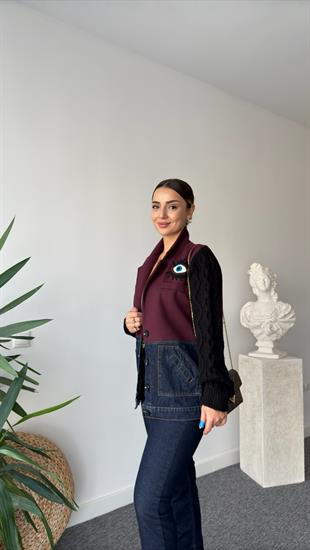 İthal Kollar Triko Detaylı İşlemeli Bordo Blazer Ceket