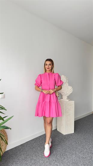 Hakim Yaka Volanlı Pembe Elbise 