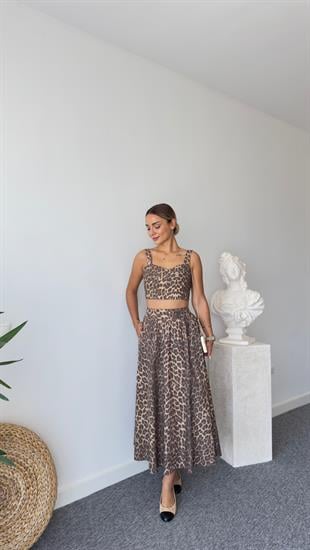 Leopar Desenli Etekli Crop Takım