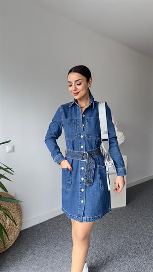 Orj Marka Alpa Kemerli Denim Elbise 