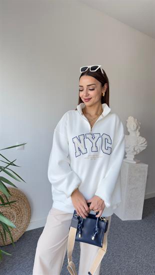 Nyc İşlemeli Fermuar Detay Sweatshirt