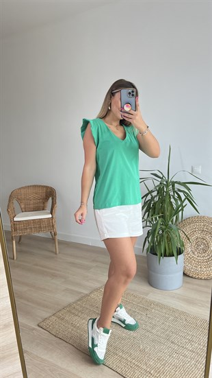 Kolları Volanlı V Yaka Yeşil Tshirt