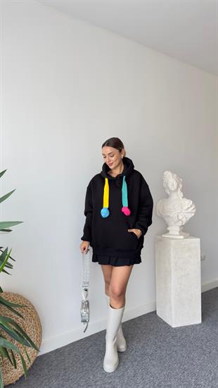 Renkli Kordon Detaylı Salaş Siyah Sweatshirt