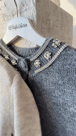 Zra Model Yakası Taşlı Gri Hırka
