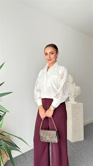 Ekru Frey Dantel Detaylı Gömlek