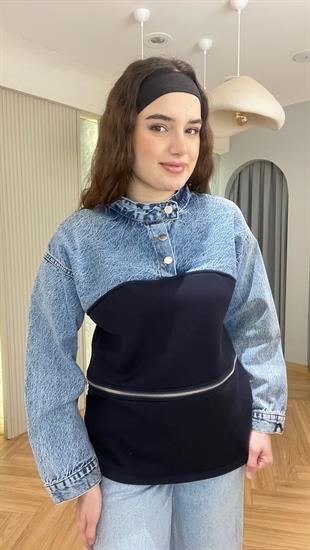 Mavi Kot Garnili Fermuarlı Sweat