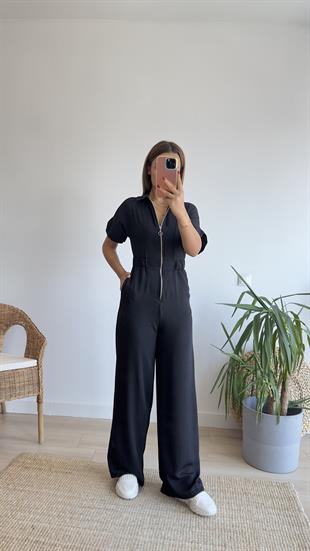 Santo Beli Lastikli Fermuar Detay Siyah Tulum