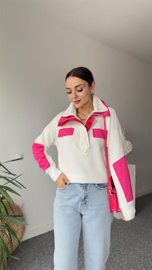 Çift Yaka Pembe Detaylı Tasarım Sweat