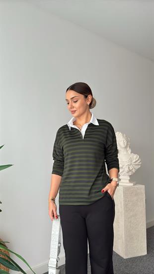 Yeşil Ricca Gömlek Yaka Çizgili Massi Sweat