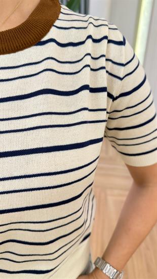 Kahve Ribanalı Çizgili Kısa Kol Triko