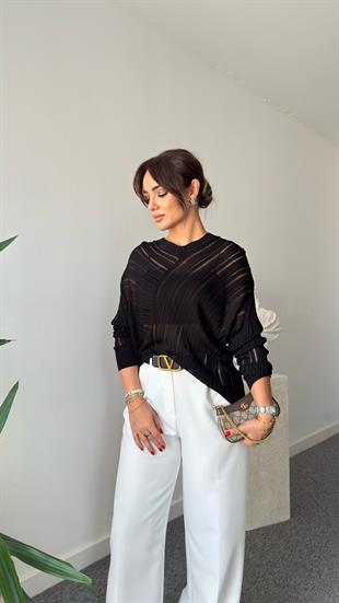 Siyah V Yaka Asimetrik Transparan Triko Kazak