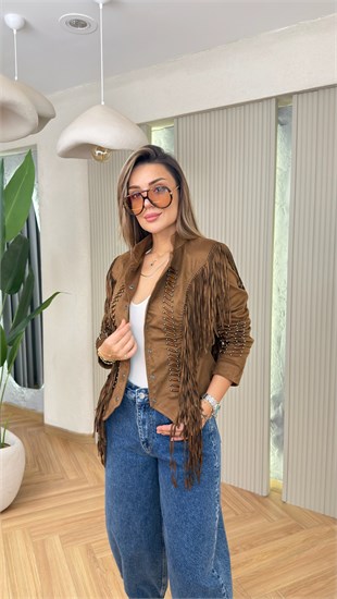 Süet Püskül Ve Taş Detaylı Tasarım Ceket