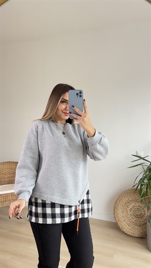 Ekose Detaylı Tasarım Gri Sweatshirt