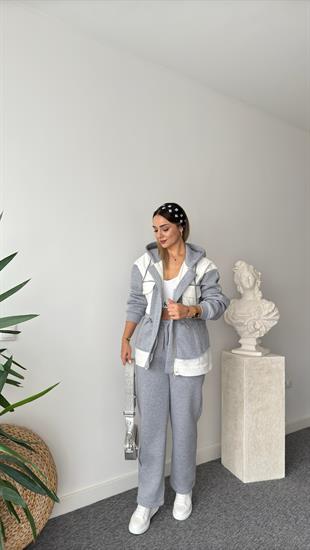 Beyaz Gabardin Garnili Şardonlu Gri Eşofman Takımı