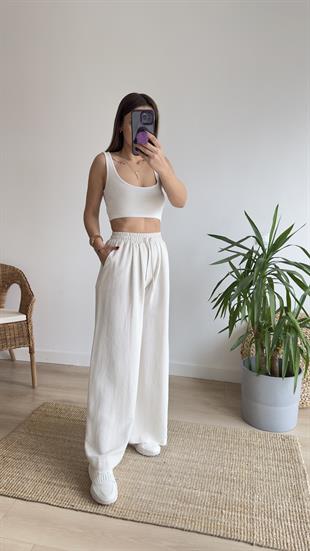 Keten Beli Lastikli Bej Pantolon