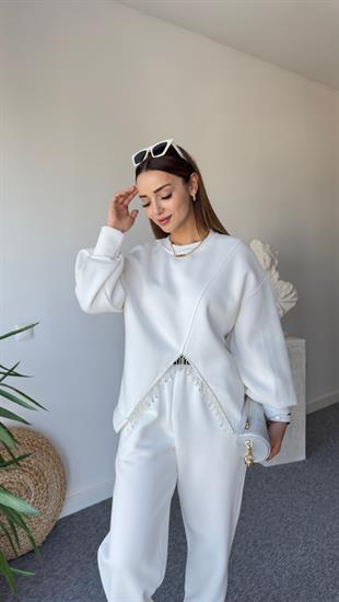 Beyaz V Taş Detaylı Sweatshirt