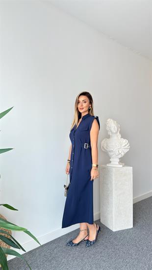 Lacivert Yan Kemerli Zra Model Tensel Elbise 