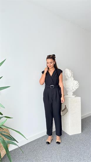 Siyah Volze Kemerli Kruvaze Tulum