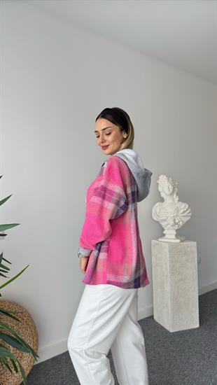 Pembe Ekose Geçişli Kapüşonlu Sweat