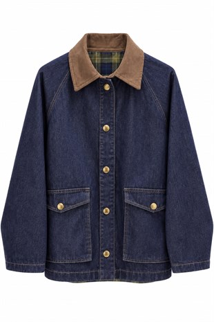 İç Ekoseli Kadife Yaka Oversize Ceket