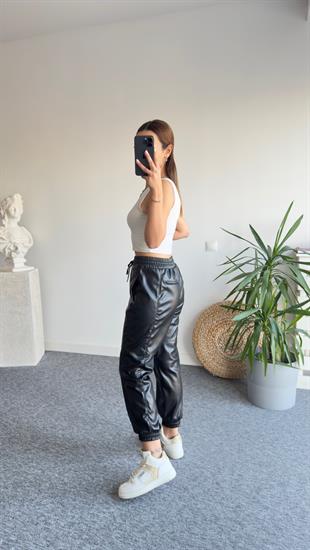 Bel Lastikli Tw Model Siyah Deri Pantolon
