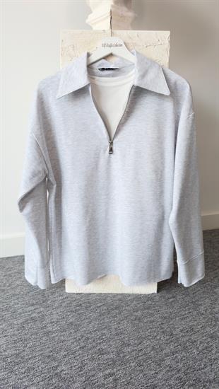 Polo Yaka Yarım Fermuarlı Gri Sweat