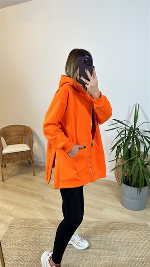 Şardonlu Yanları Yırtmaçlı Turuncu Sweatshirt