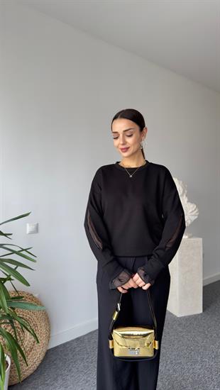 Kolu Pencereli Tül Detay Siyah Modal Sweat